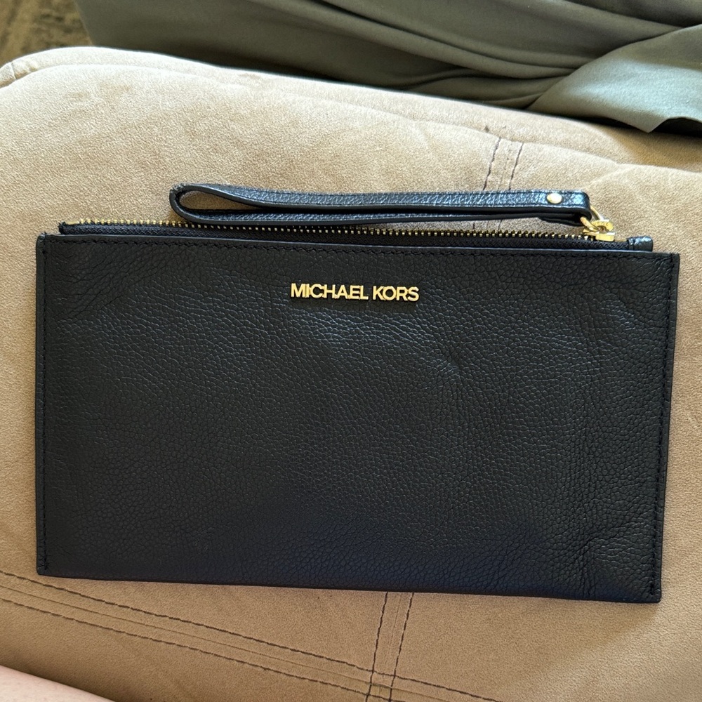 Michael Kors Black Leather Wristlet with Gold Logo